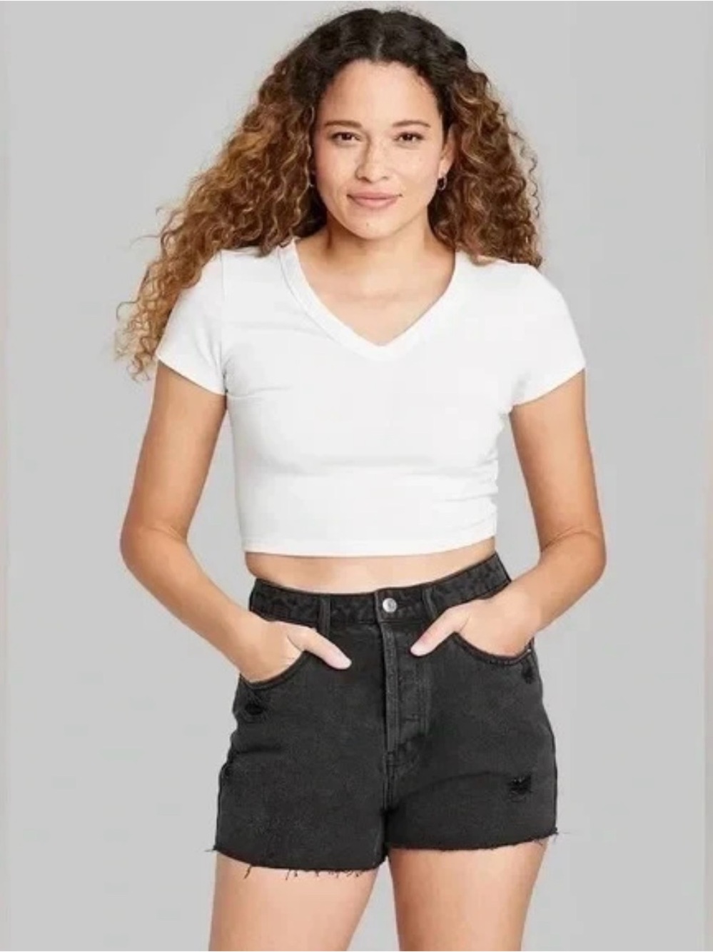 Women's White V-Neck Crop Top - Classic Short Sleeve by Wild Fable- M NWT